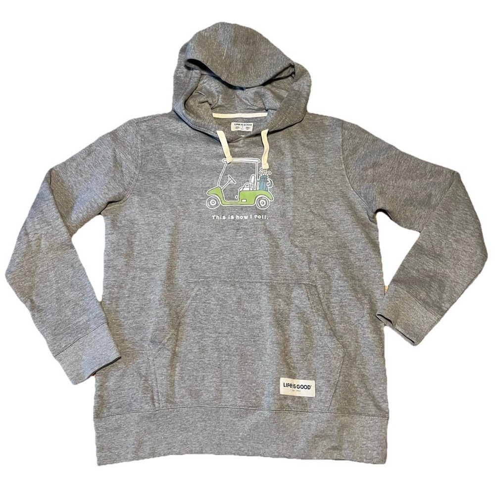 Men's Life Is Good This Is‎ How I Roll Golf Cart Grey Hoodie LS Sweatshirt Sz S